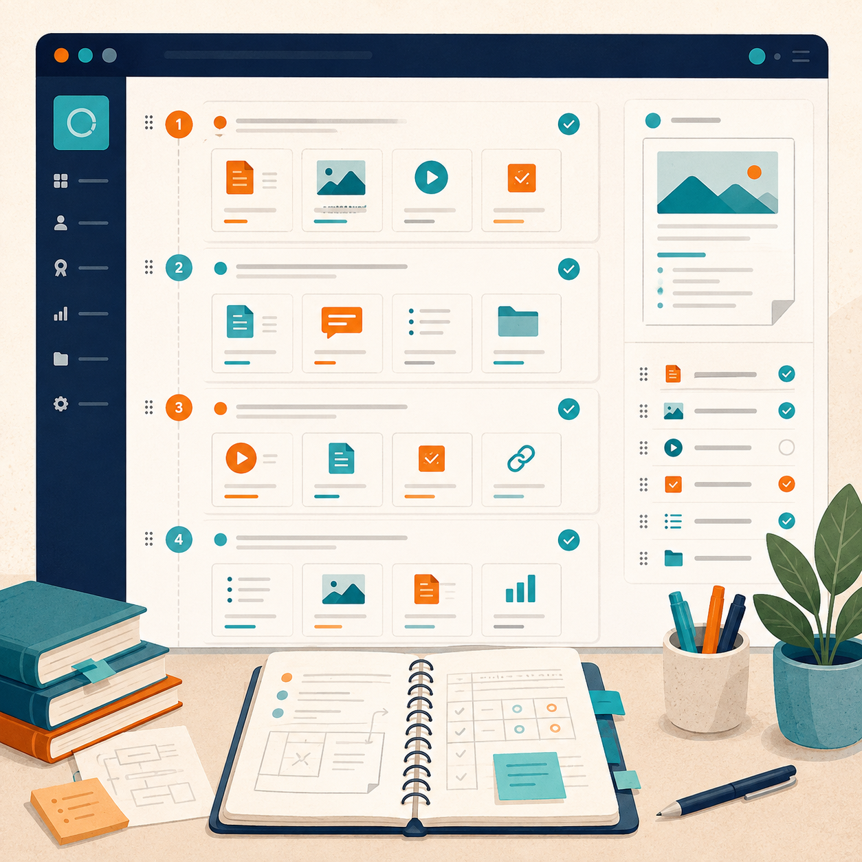 Illustration of an organized Moodle course builder with weekly modules